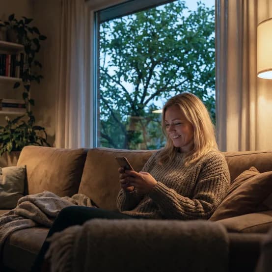 Kvinde sidder i sofaen og sammenligner ejendomsmæglere på sin mobil